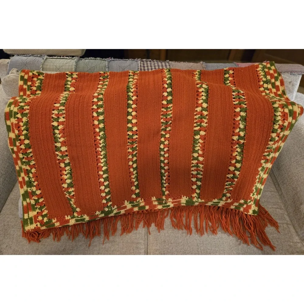 Vintage Crocheted Afghan Throw Blanket Orange Green Yellow Fringe 64x46 Handmade
